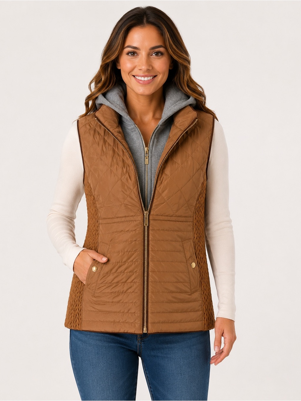 Louise Paris NWT Quilted Hooded Vest Brown Leopard Faux Fur Lined Size Large